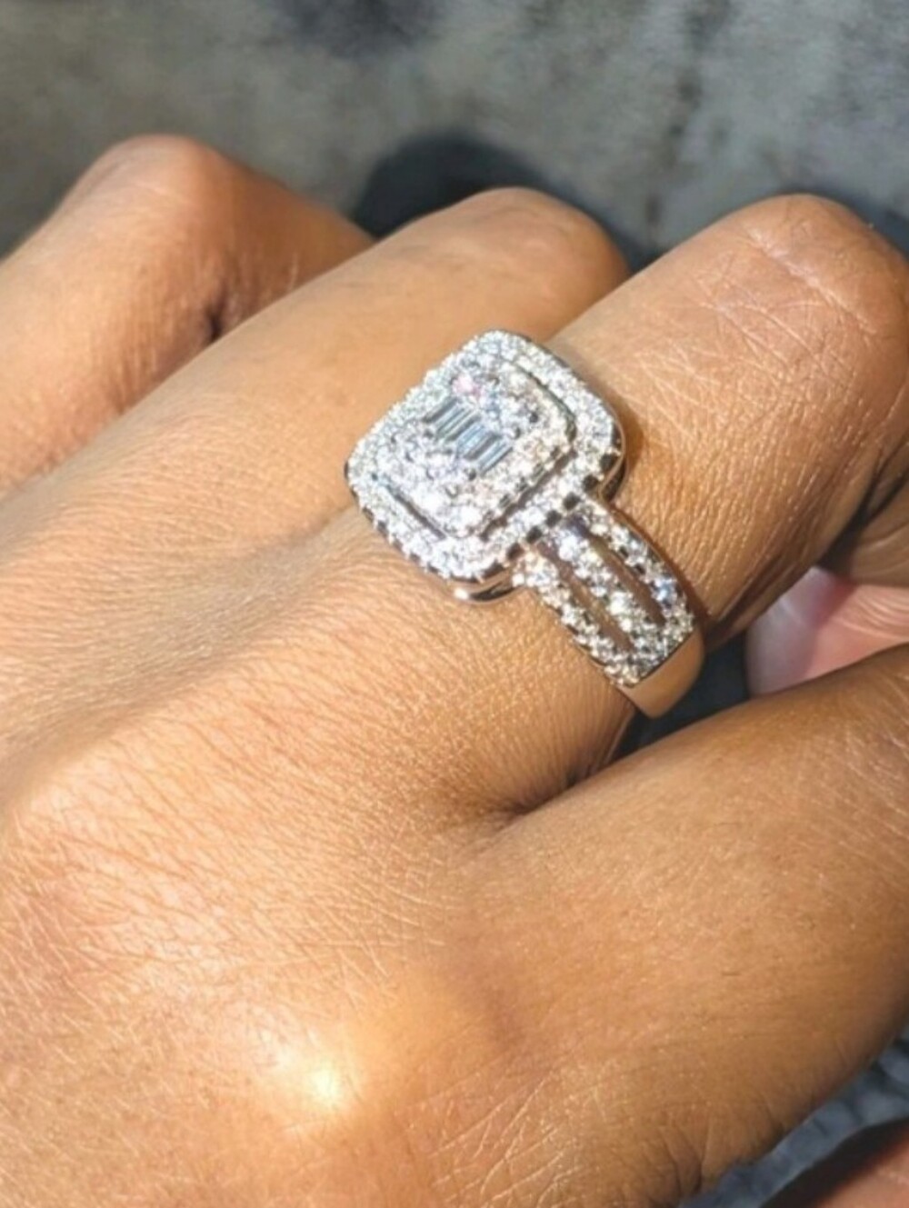 4ct Baguette Cut Diamond Halo Lab Created Engagement Ring 14k white Gold Plated